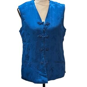 Double Horse Vintage 70s Pure Silk Blue Brocade Chinese Frog Button Vest Women L